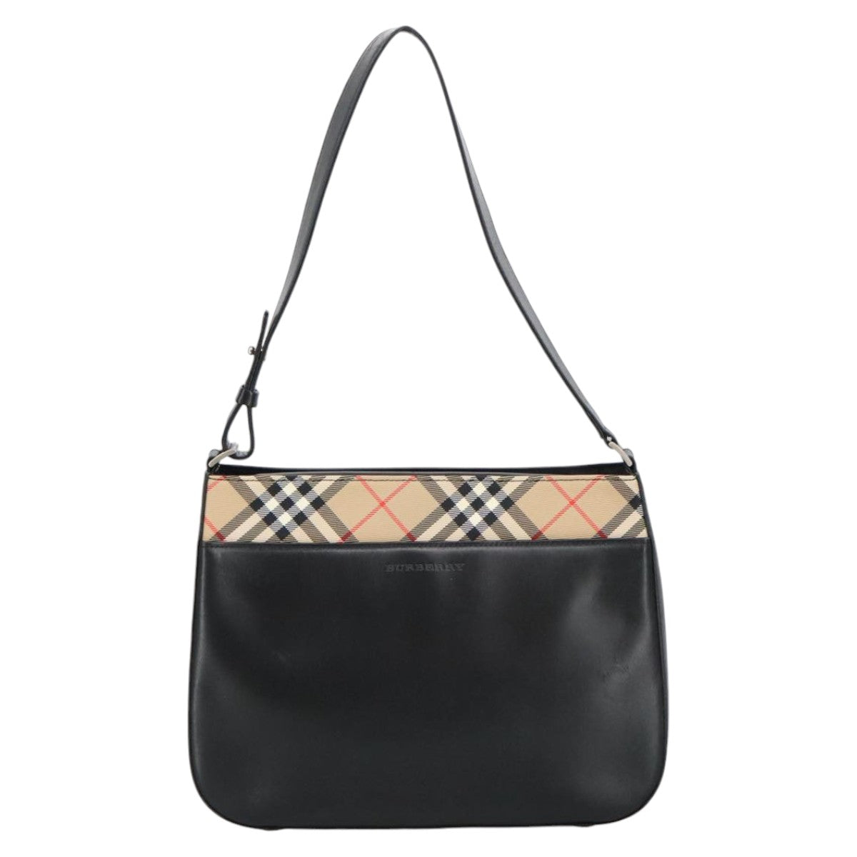 BURBERRY Nova Check Shoulder Bag Leather Black Silver beige Auth 100646 - 0