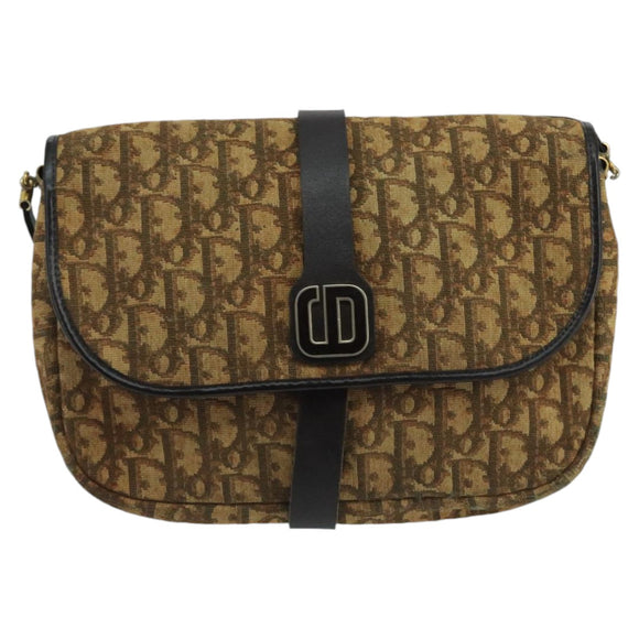 Christian Dior Trotter Canvas Shoulder Bag Beige Dark Brown Gold Auth 100648