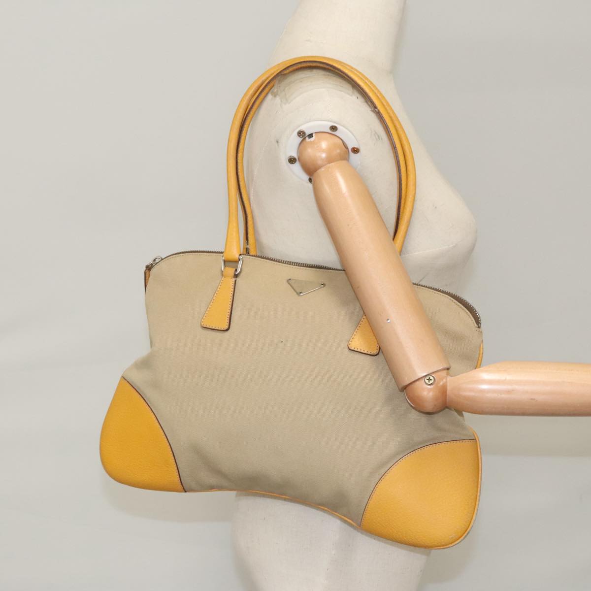 PRADA Hand Bag Canvas Beige Auth 100651