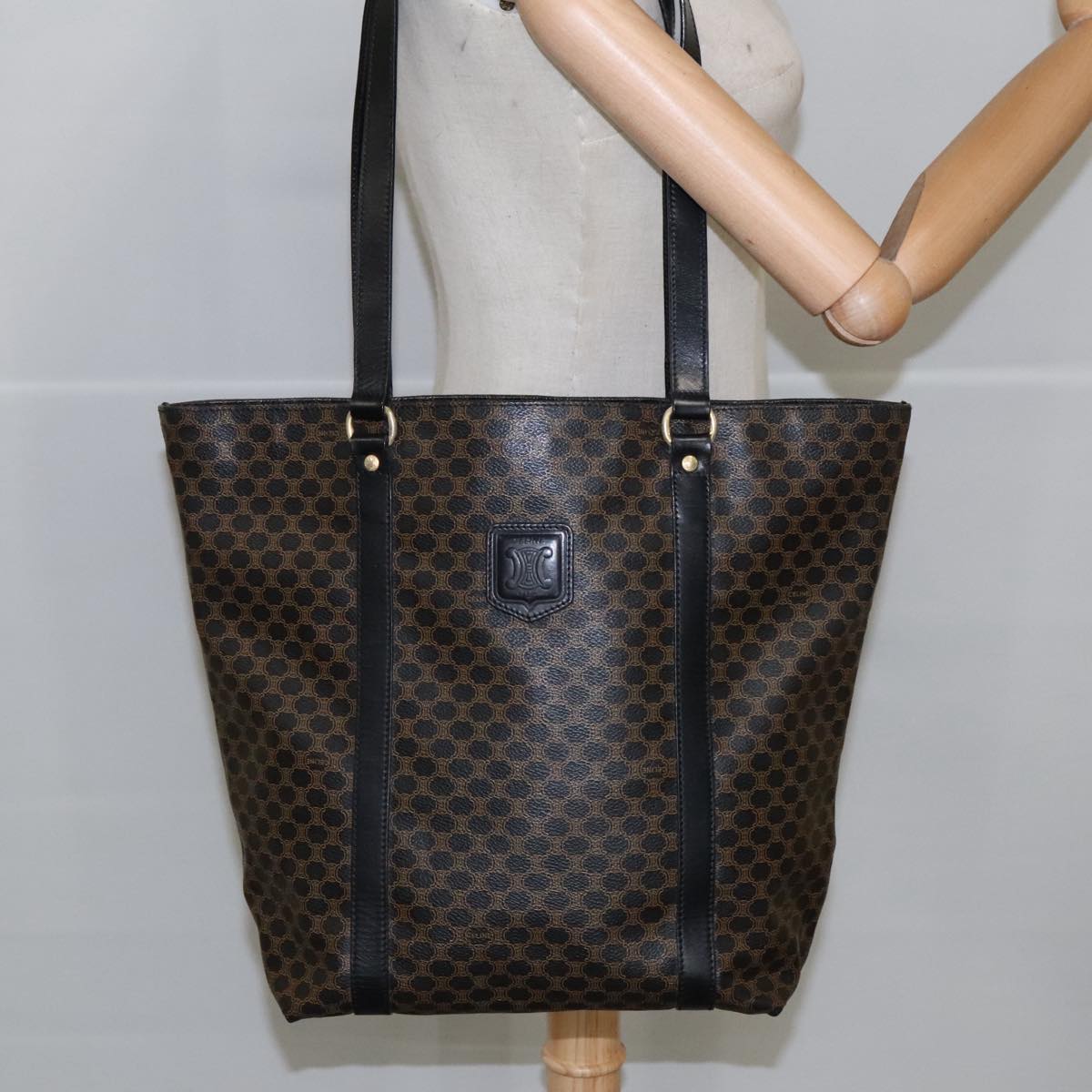 CELINE Macadam Canvas Tote Bag PVC Leather Black Gold Auth 100653