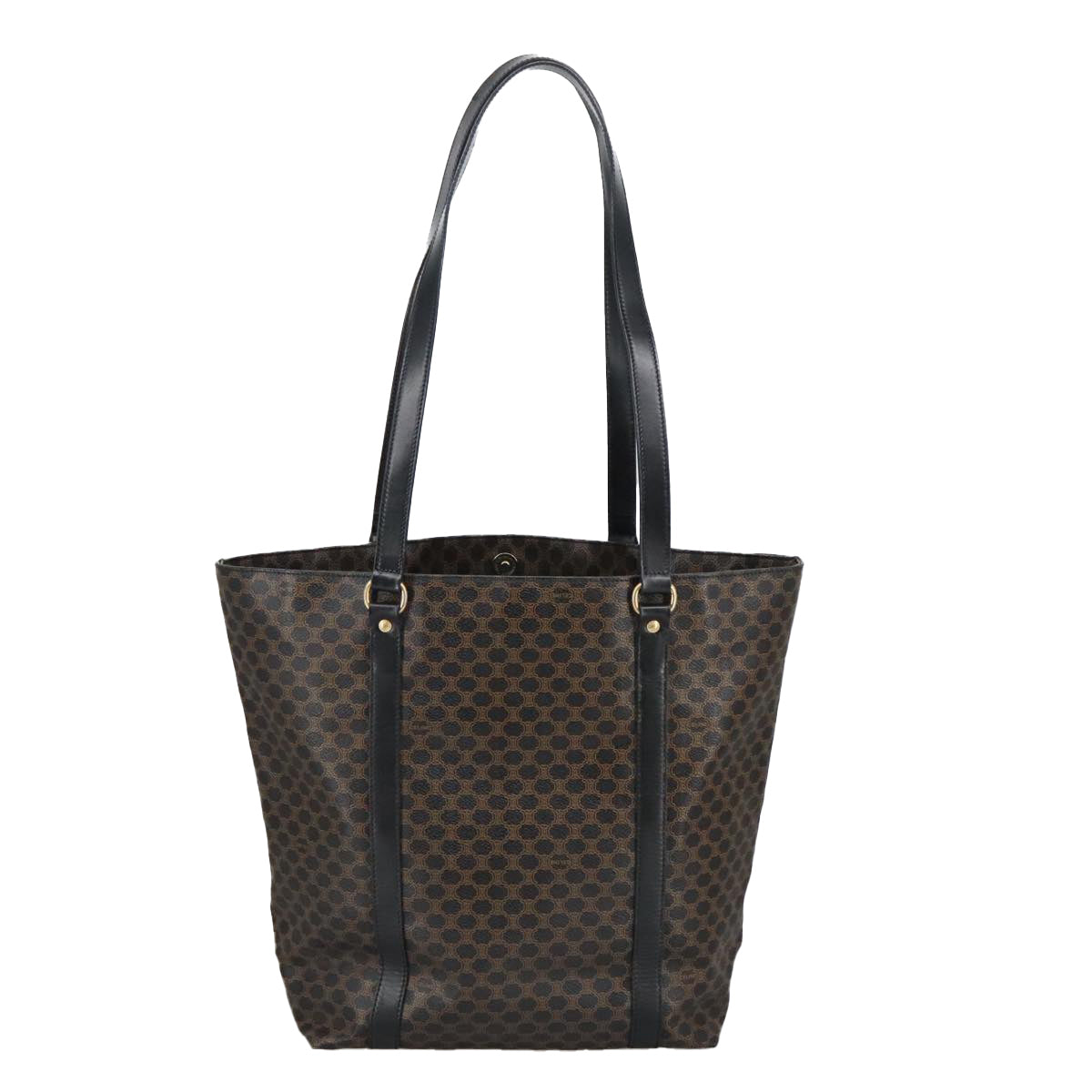 CELINE Macadam Canvas Tote Bag PVC Leather Black Gold Auth 100653