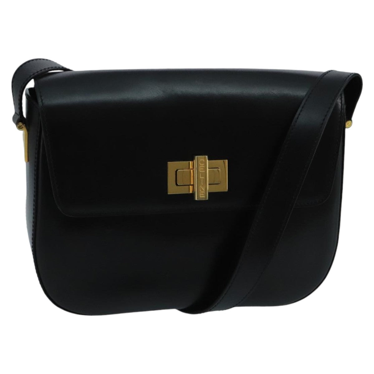 CELINE Leather Shoulder Bag Black Gold Auth 100654