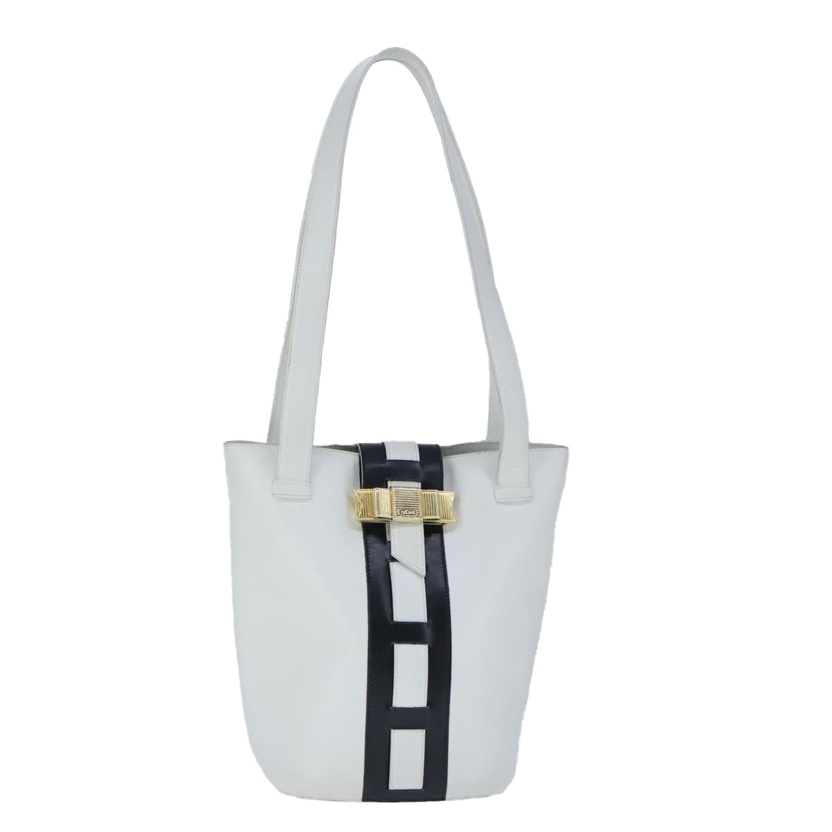 CELINE Ribbon Tote Bag Leather White Black Auth 100656