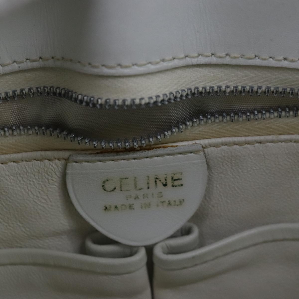 CELINE Ribbon Tote Bag Leather White Black Auth 100656