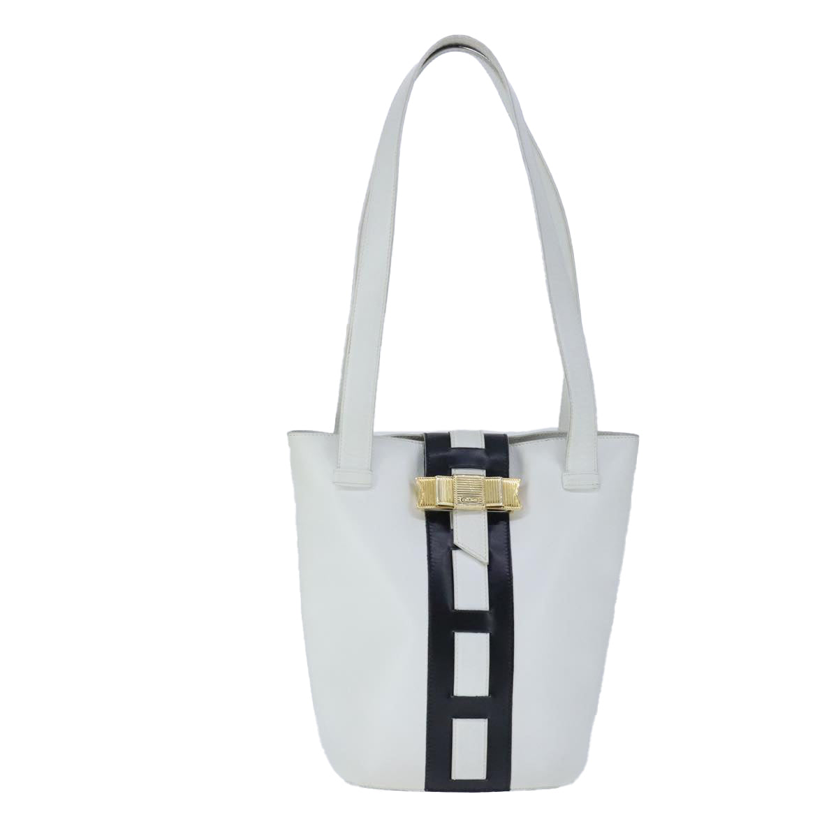 CELINE Ribbon Tote Bag Leather White Black Auth 100656 - 0