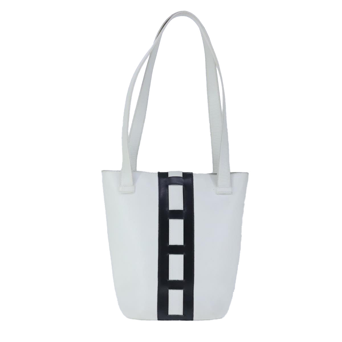 CELINE Ribbon Tote Bag Leather White Black Auth 100656