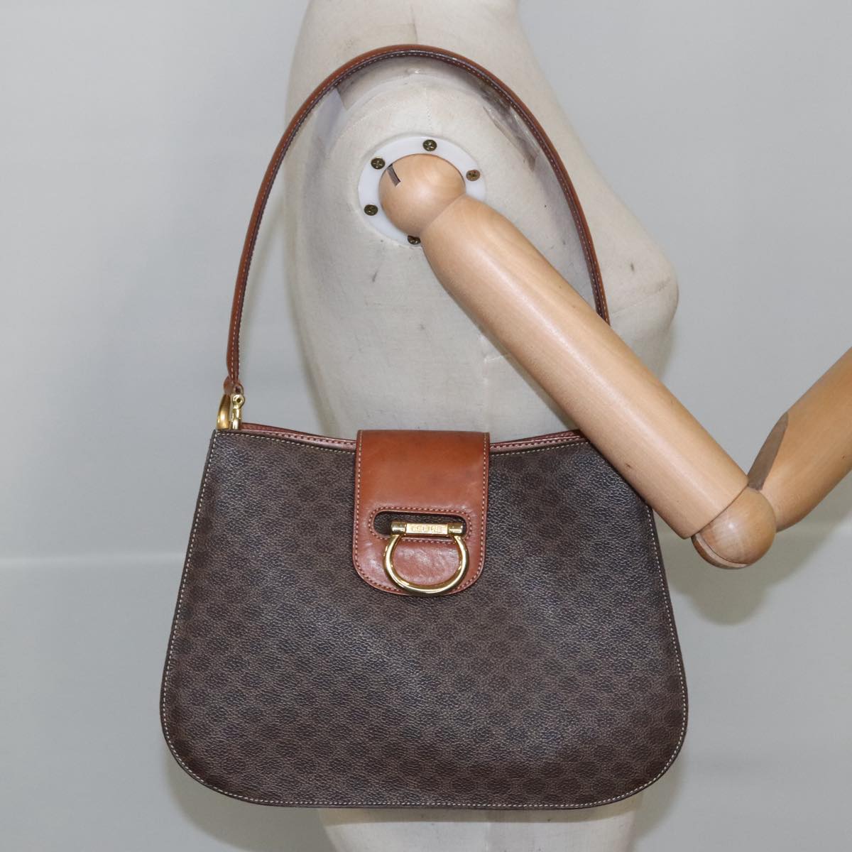 CELINE Macadam Canvas Shoulder Bag PVC Leather Brown Gold Auth 100658