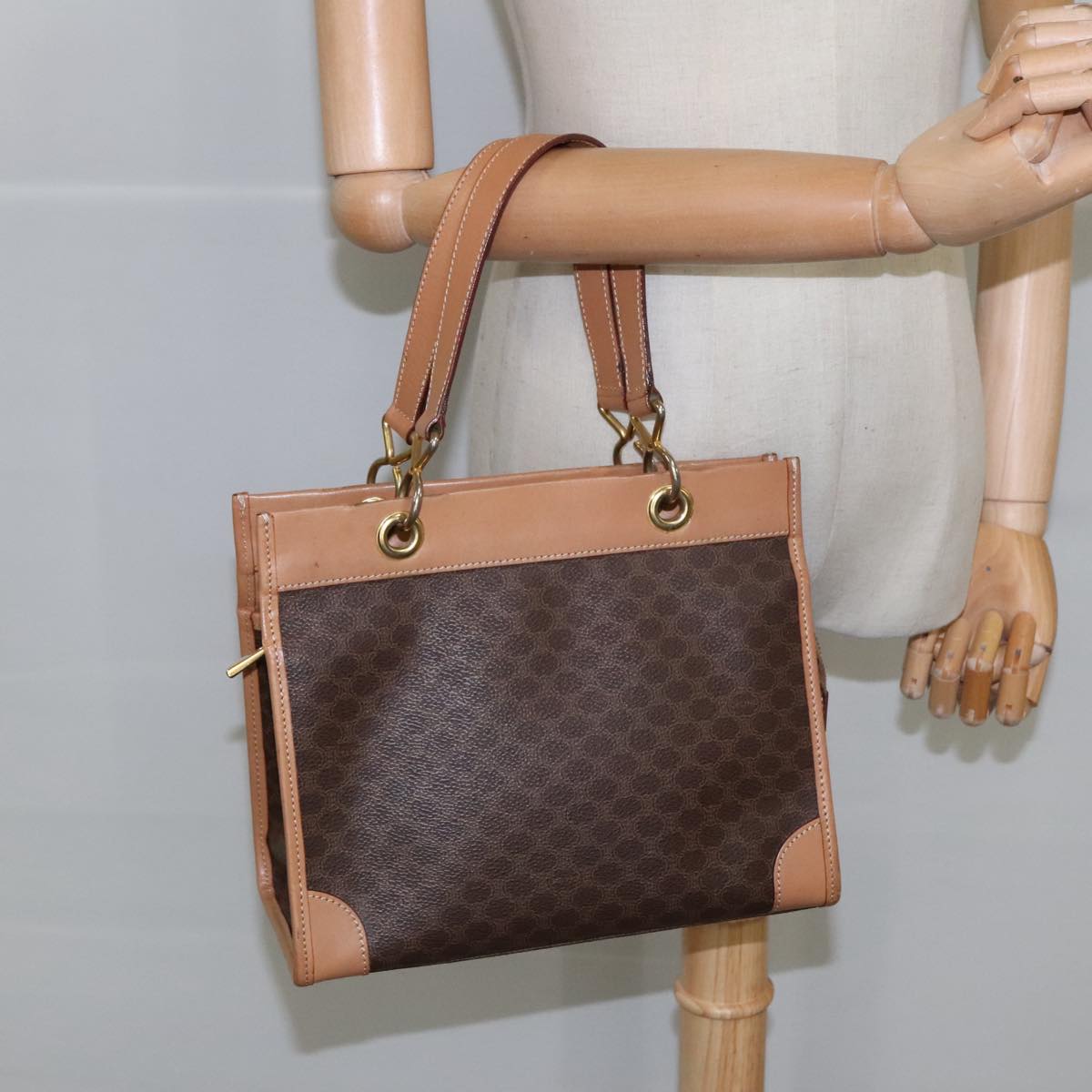 CELINE Macadam Canvas Hand Bag PVC Leather Brown Gold Auth 100660