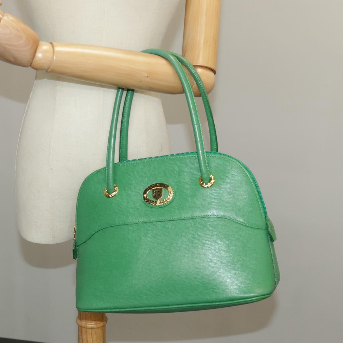 Burberrys Hand Bag Leather Green Gold Auth 100662