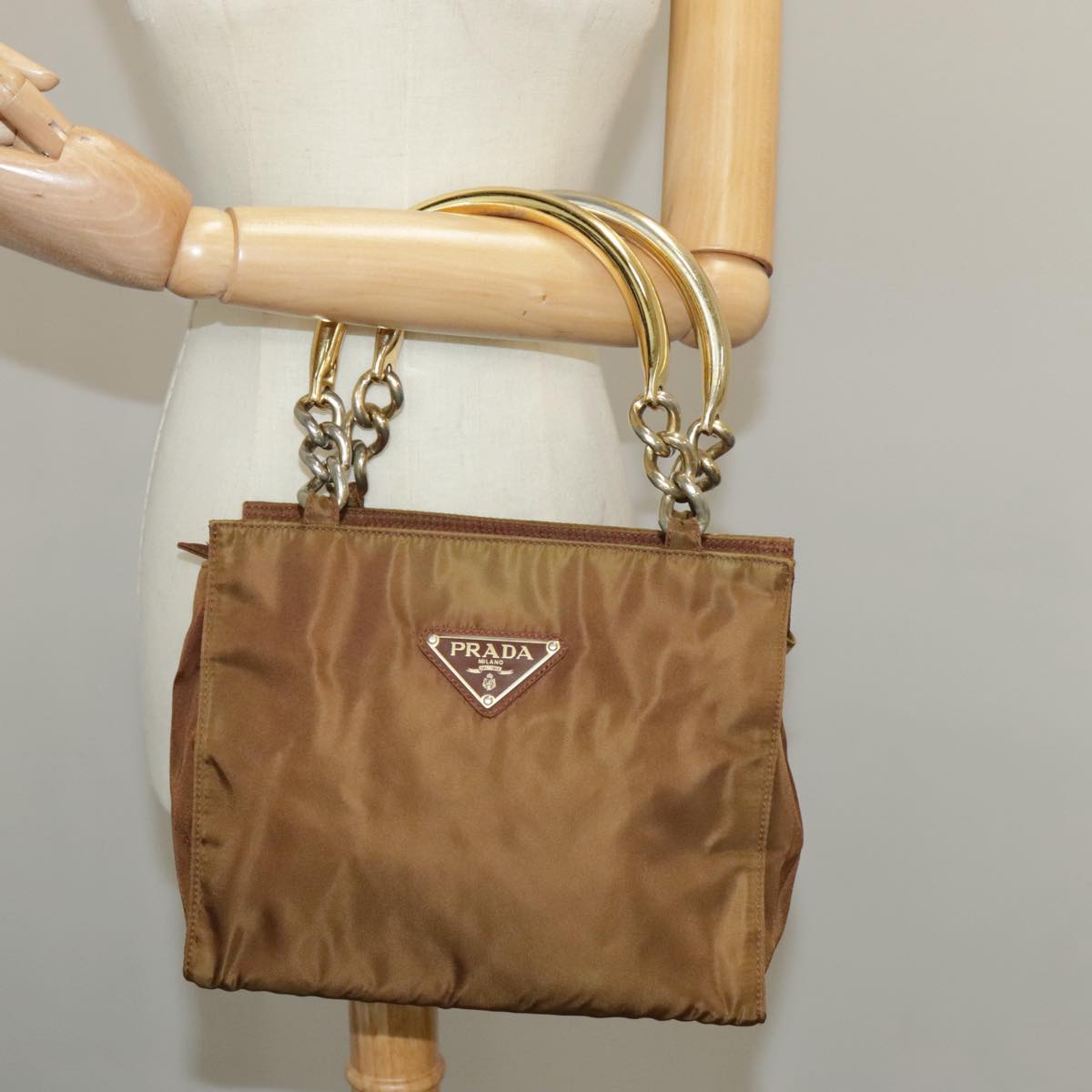 PRADA Hand Bag Nylon Brown Auth 100666