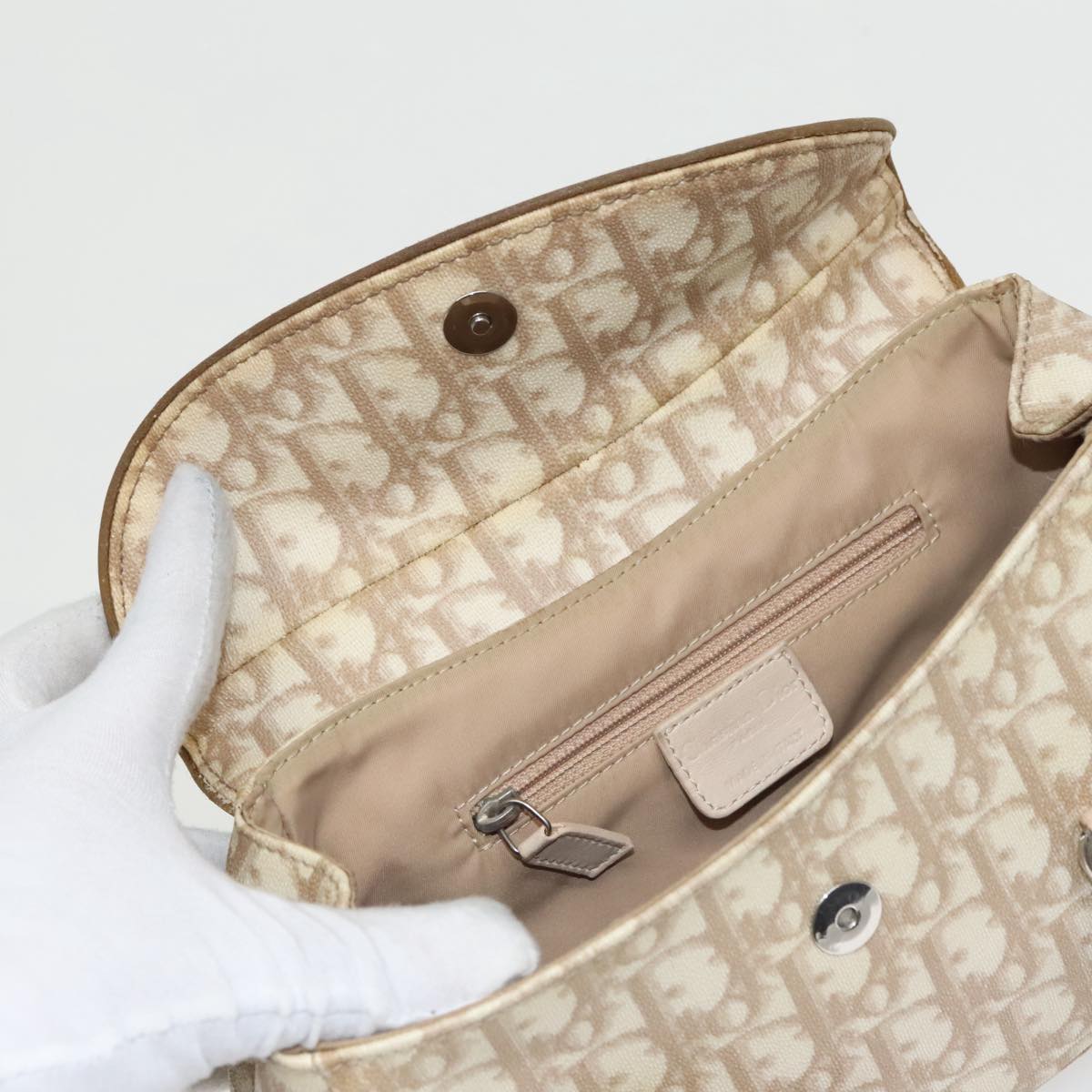 Christian Dior Trotter Canvas Romantic Hand Bag PVC Beige Silver Auth 100673