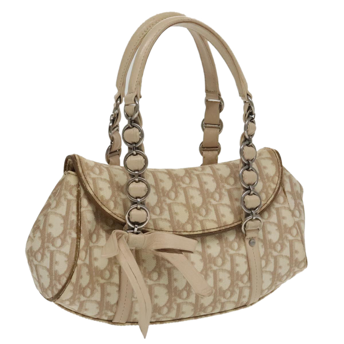 Christian Dior Trotter Canvas Romantic Hand Bag PVC Beige Silver Auth 100673