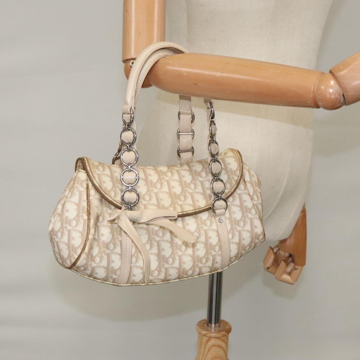 Christian Dior Trotter Canvas Romantic Hand Bag PVC Beige Silver Auth 100673