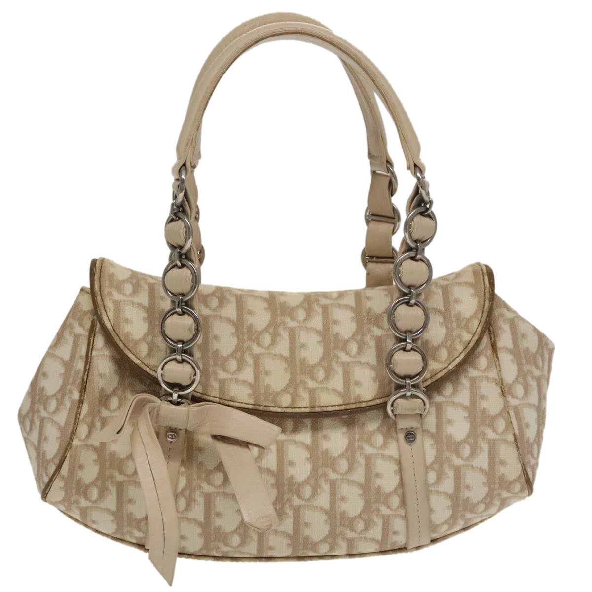 Christian Dior Trotter Canvas Romantic Hand Bag PVC Beige Silver Auth 100673