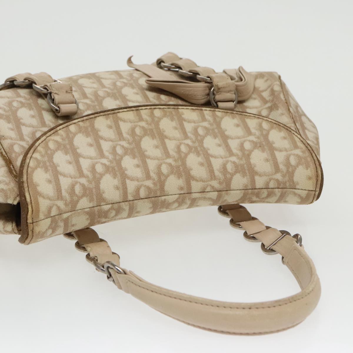 Christian Dior Trotter Canvas Romantic Hand Bag PVC Beige Silver Auth 100673