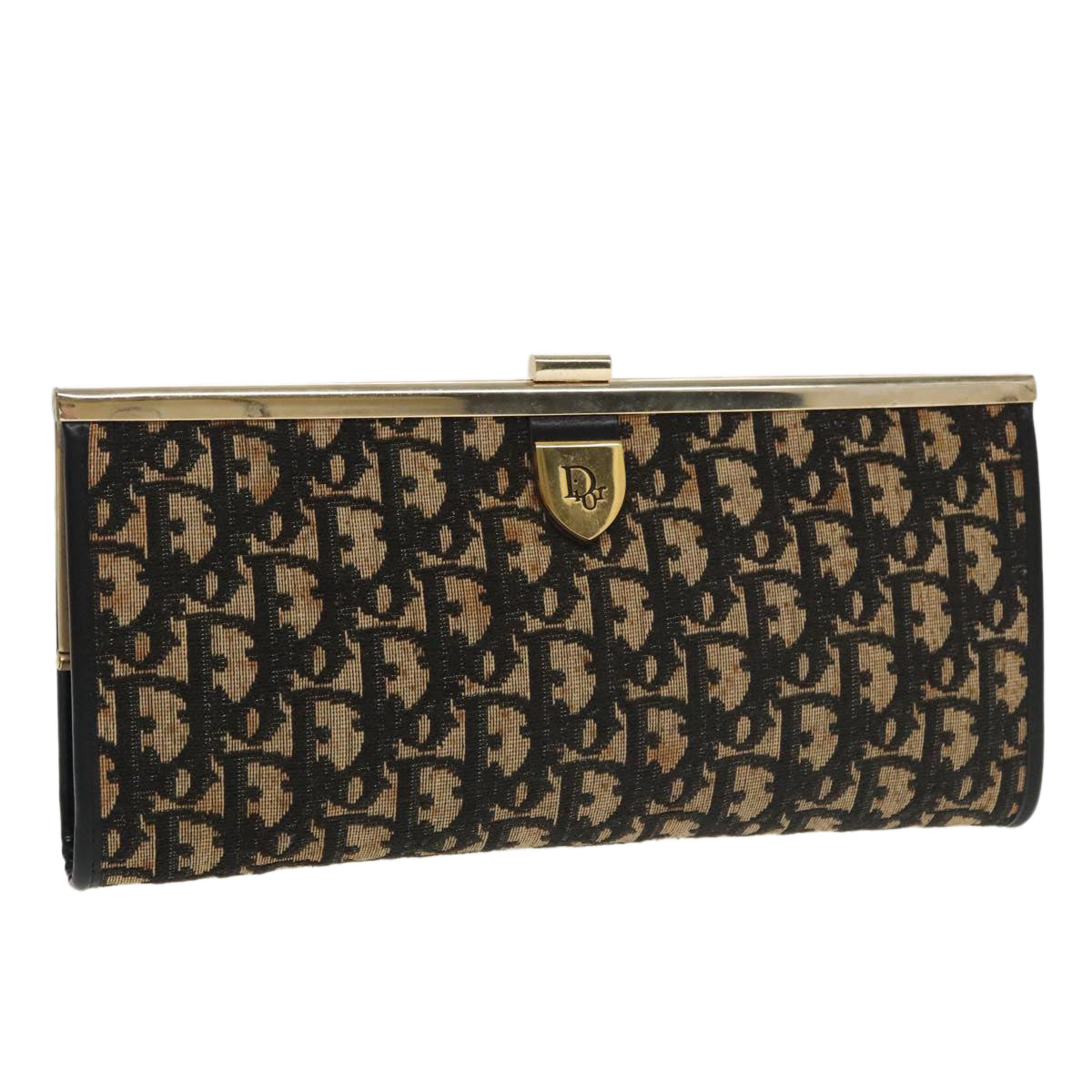 Christian Dior Trotter Canvas Clutch Bag Beige Black Gold Auth 100675