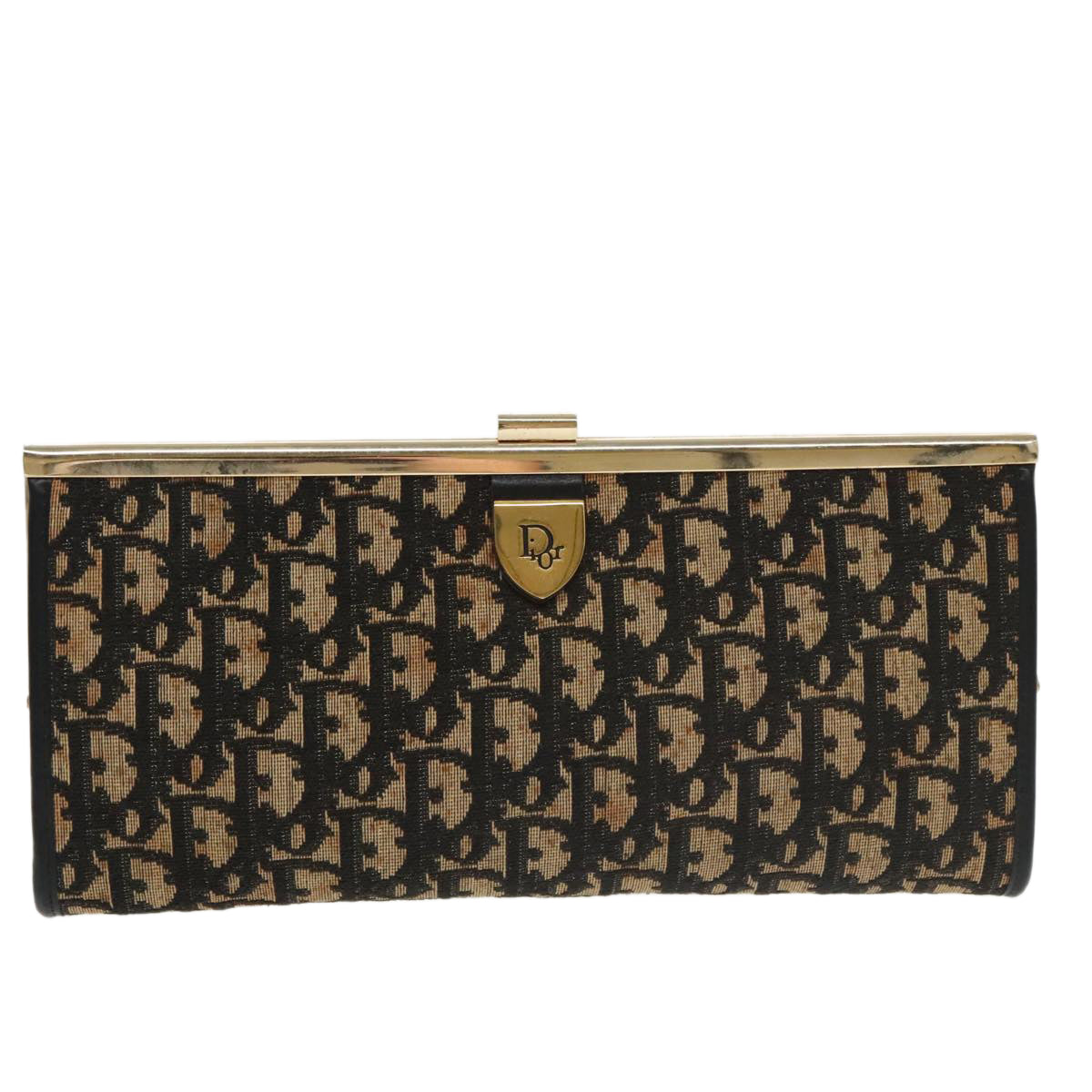 Christian Dior Trotter Canvas Clutch Bag Beige Black Gold Auth 100675 - 0