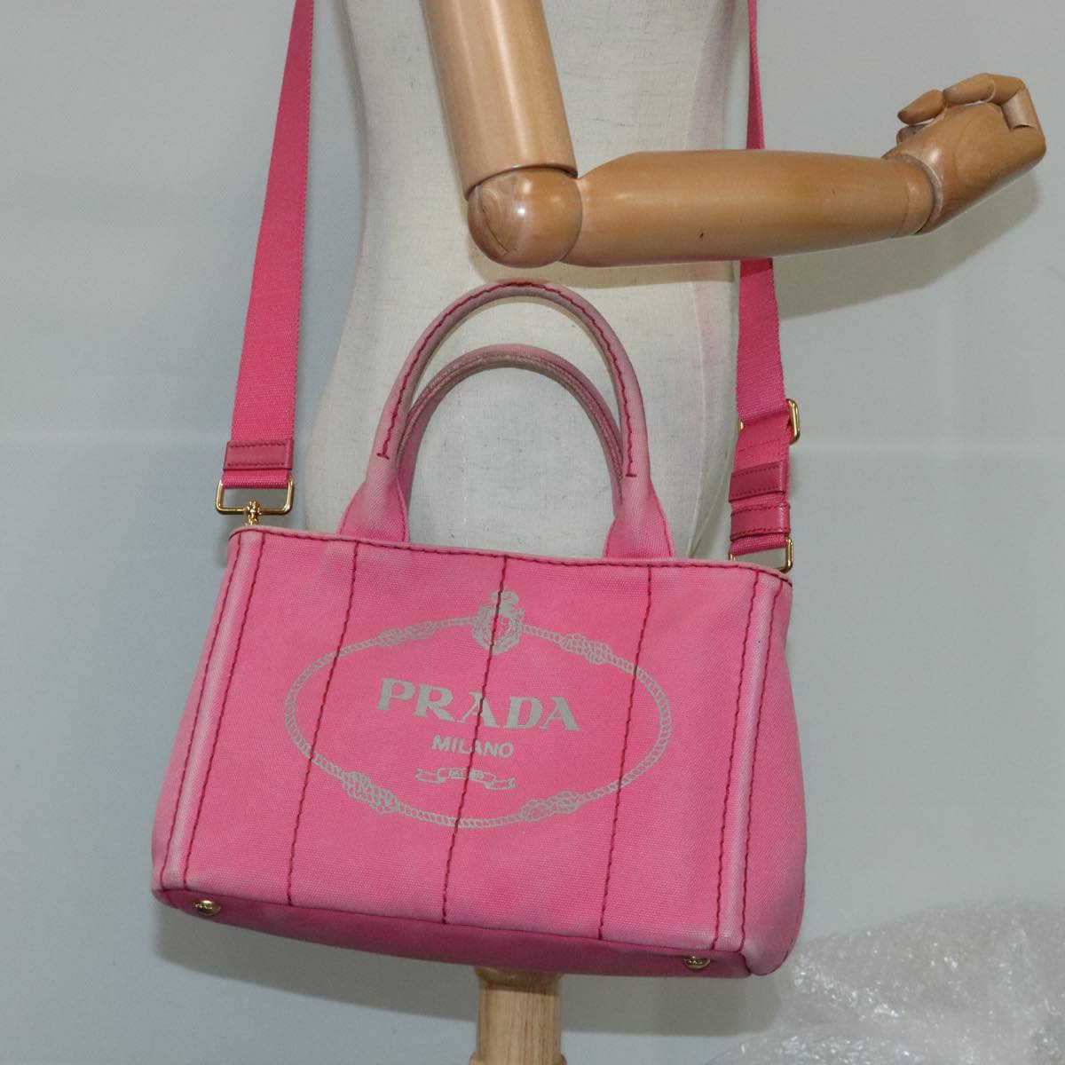 PRADA Hand Bag Canvas 2way Pink Gold Auth 100677