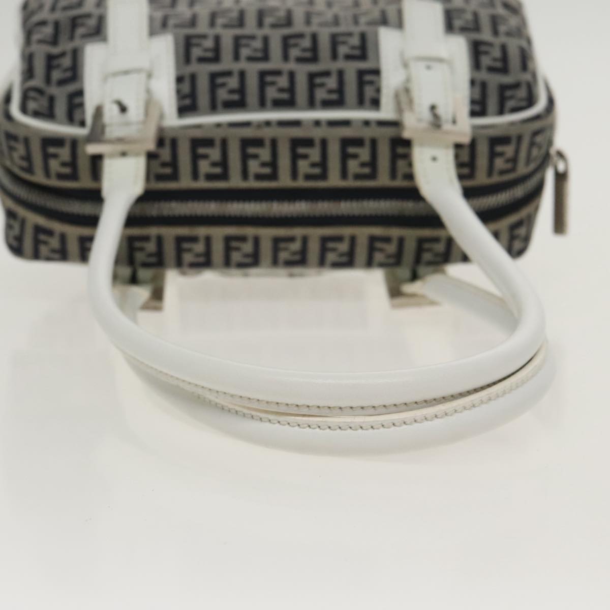 FENDI Zucchino Canvas Hand Bag Navy Silver Auth 100682