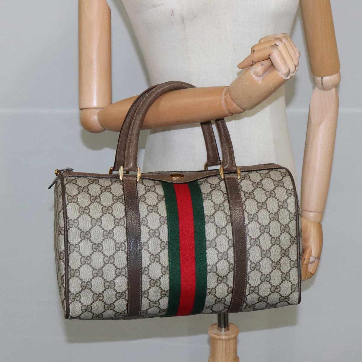 GUCCI GG Supreme Web Sherry Line Hand Bag PVC Leather Beige Gold Auth 100683