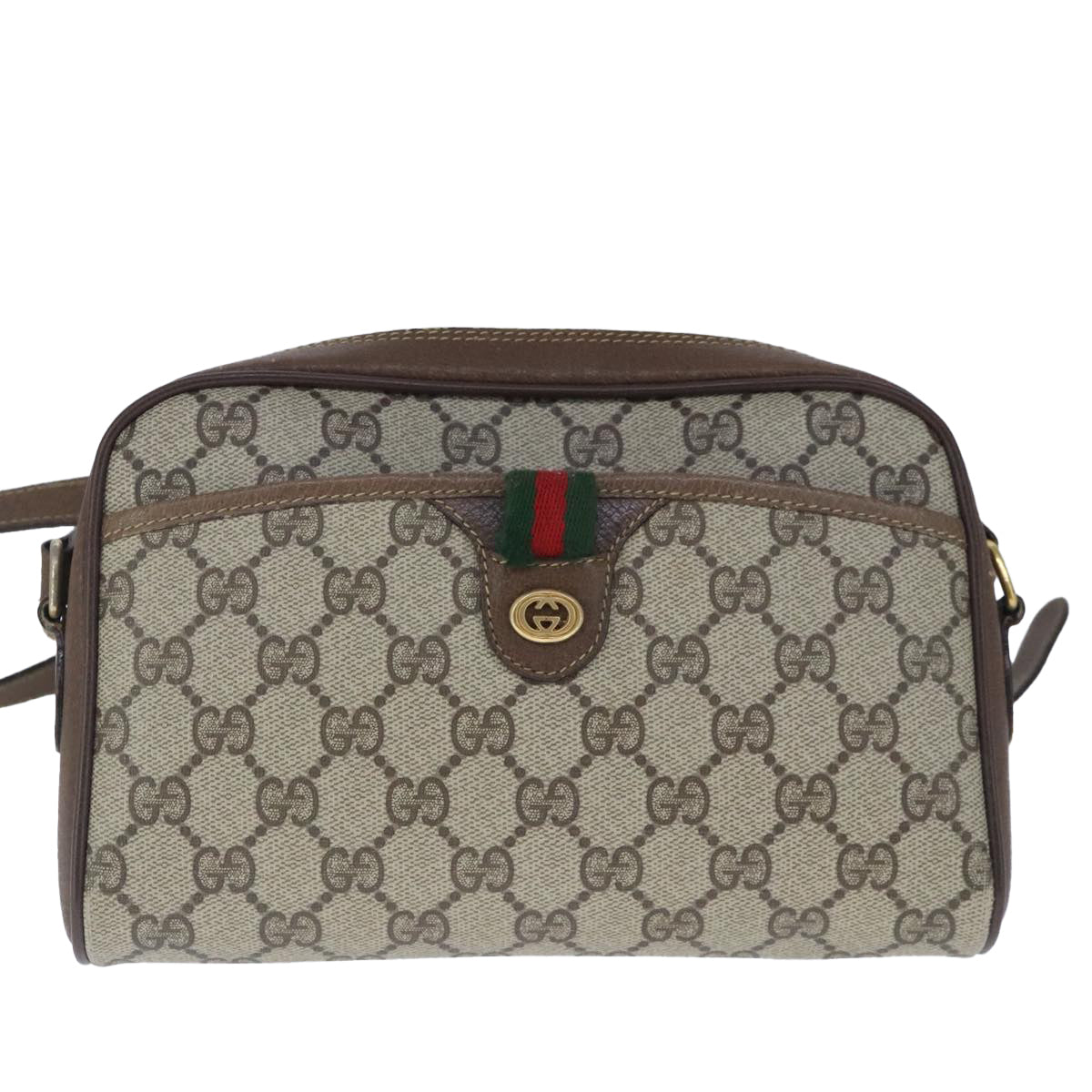 GUCCI GG Supreme Web Sherry Line Shoulder Bag PVC Beige Gold Auth 100686 - 0