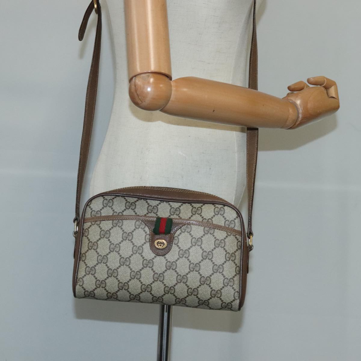 GUCCI GG Supreme Web Sherry Line Shoulder Bag PVC Beige Gold Auth 100686