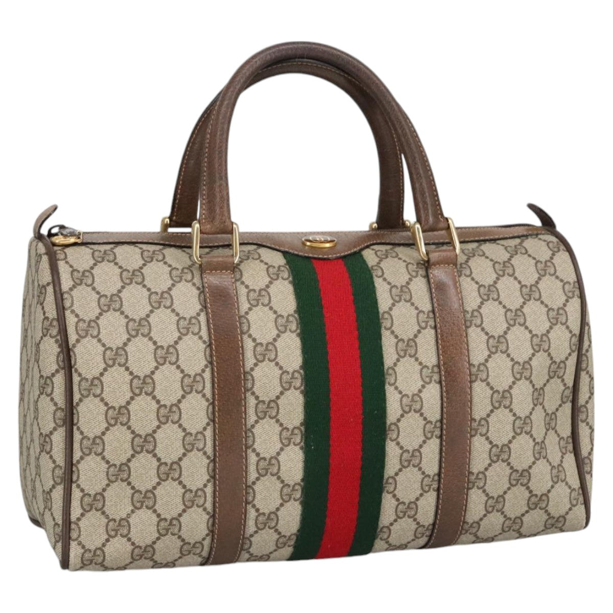 GUCCI GG Supreme Web Sherry Line Hand Bag PVC Leather Beige Gold Auth 100687