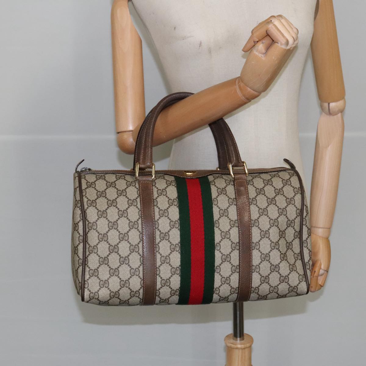 GUCCI GG Supreme Web Sherry Line Hand Bag PVC Leather Beige Gold Auth 100687