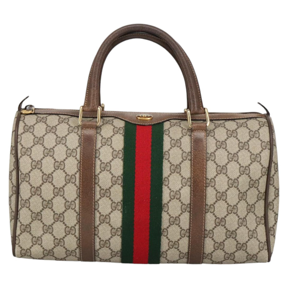 GUCCI GG Supreme Web Sherry Line Hand Bag PVC Leather Beige Gold Auth 100687