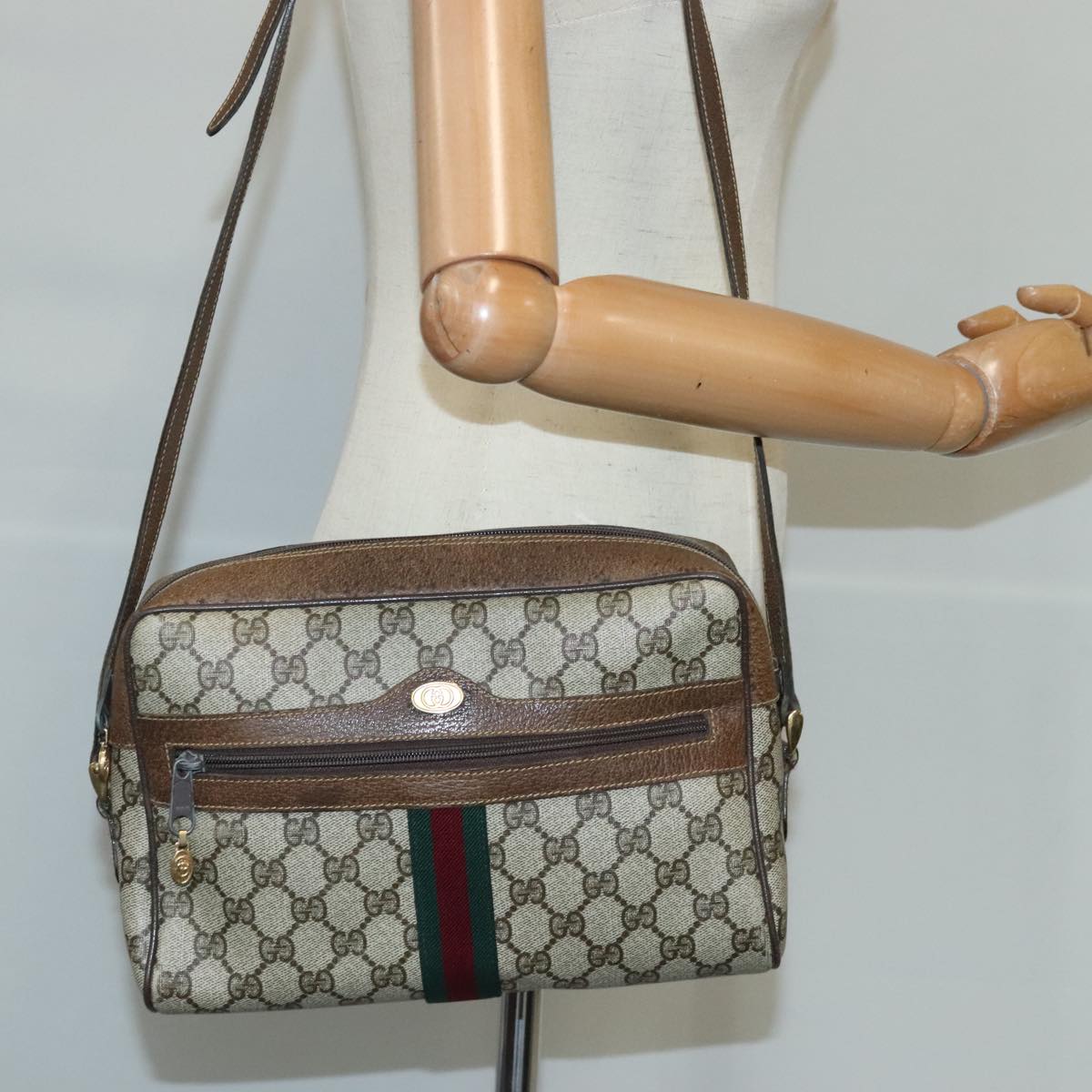 GUCCI GG Supreme Web Sherry Line Shoulder Bag PVC Leather Beige Gold Auth 100688