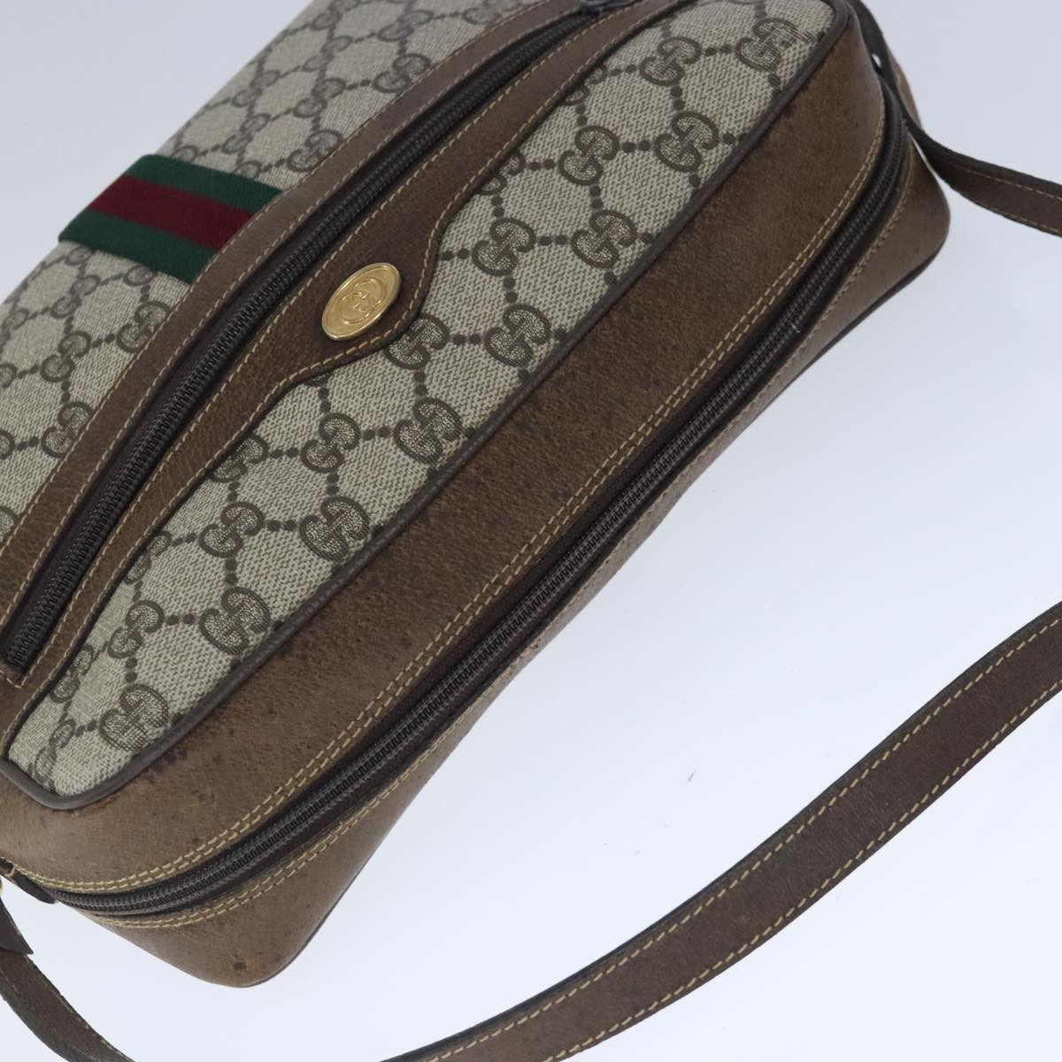 GUCCI GG Supreme Web Sherry Line Shoulder Bag PVC Leather Beige Gold Auth 100688