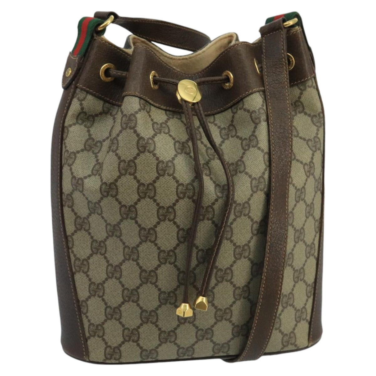 GUCCI GG Supreme Web Sherry Line Shoulder Bag PVC Beige Gold Auth 100691