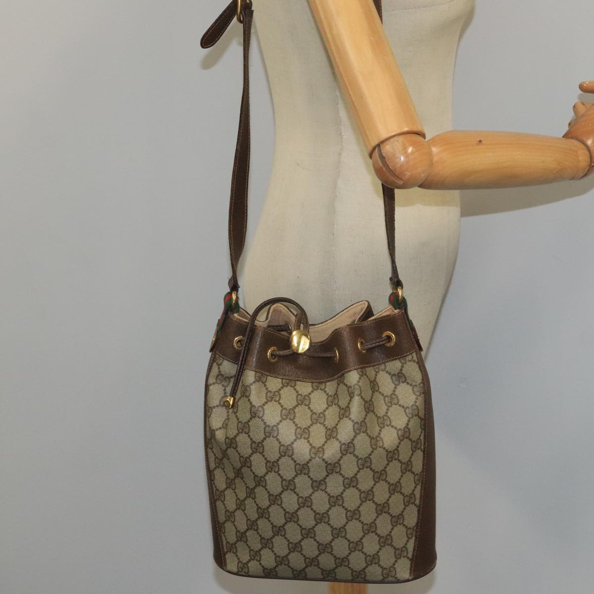 GUCCI GG Supreme Web Sherry Line Shoulder Bag PVC Beige Gold Auth 100691