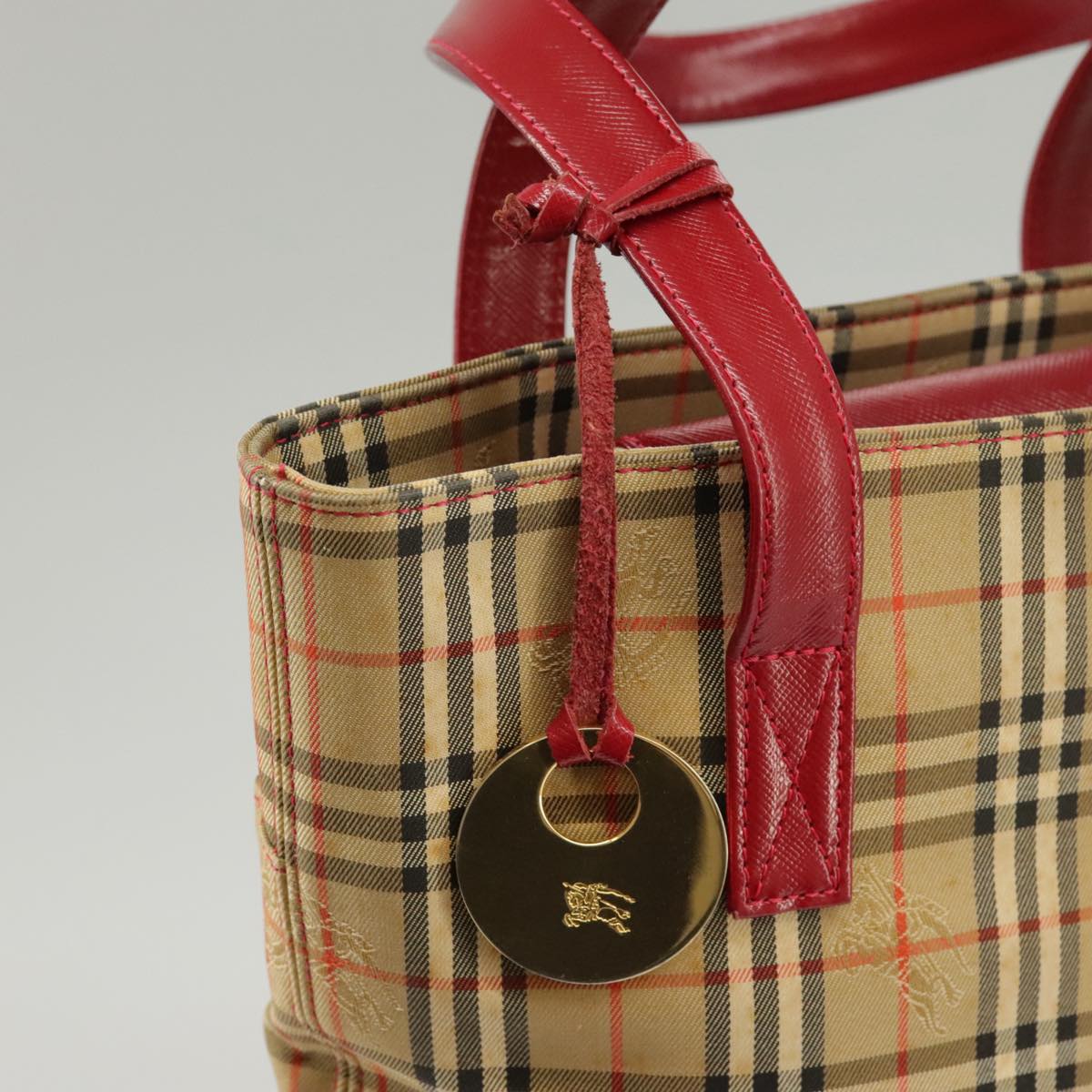 BURBERRY Nova Check Tote Bag Canvas Leather Beige Red Gold Auth 100693