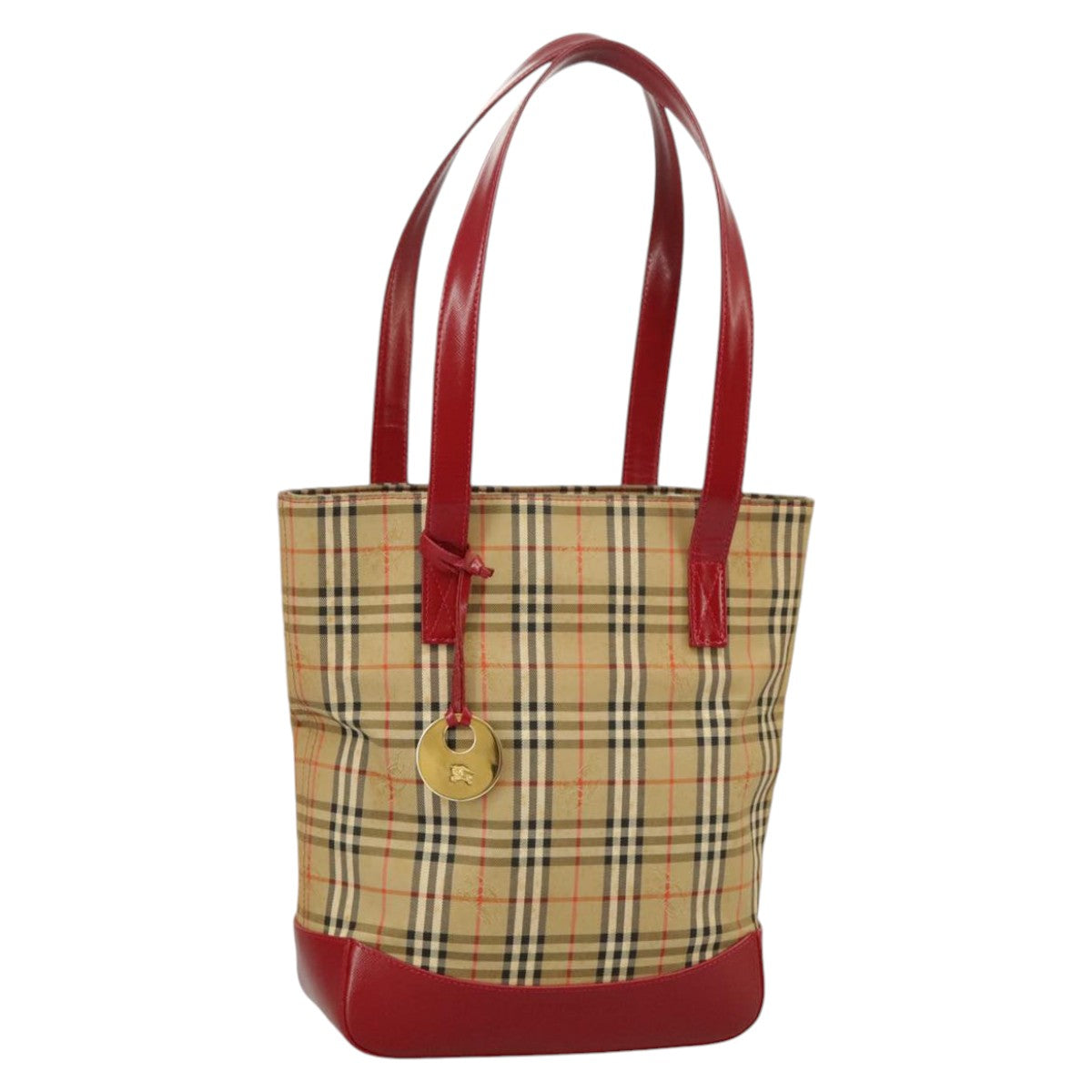 BURBERRY Nova Check Tote Bag Canvas Leather Beige Red Gold Auth 100693