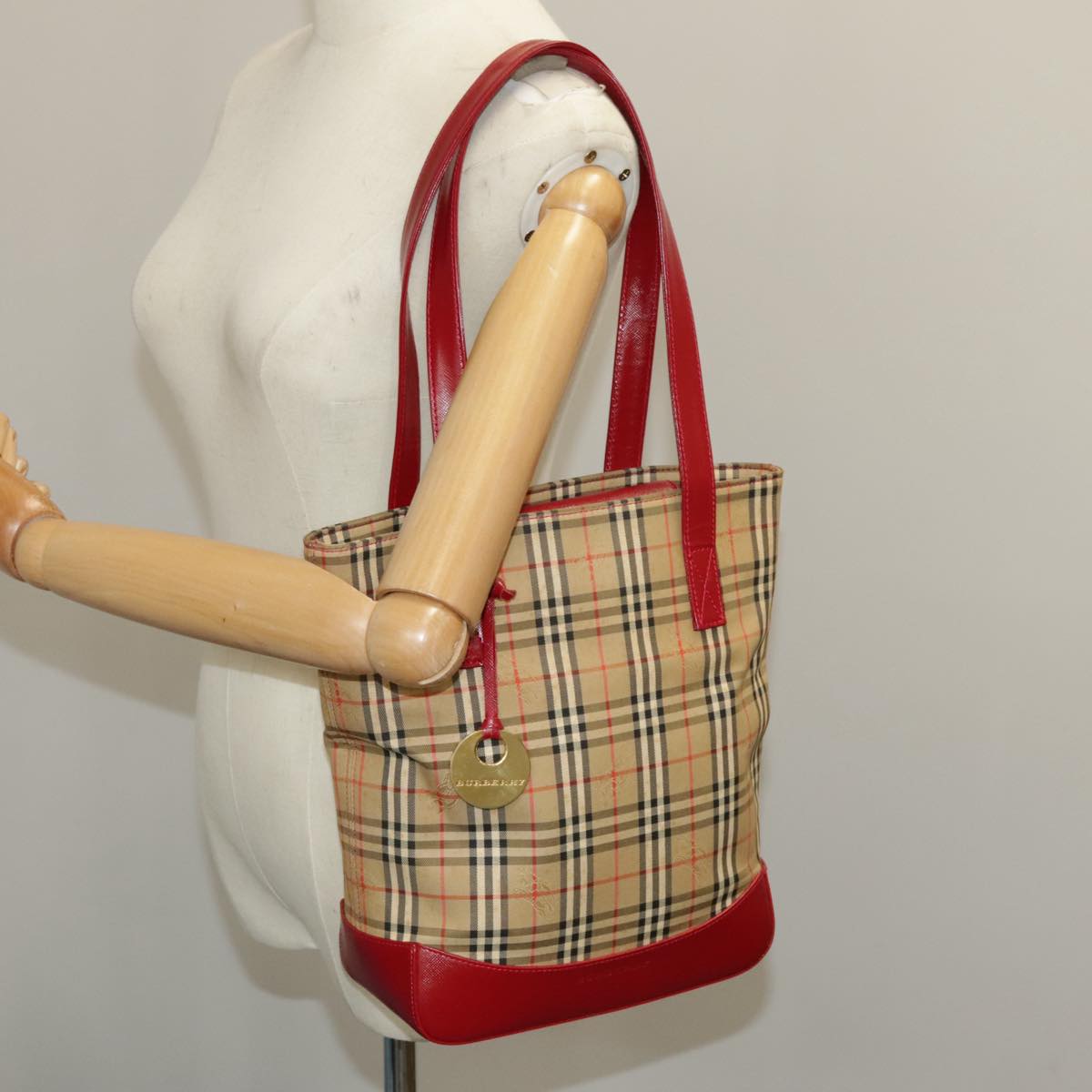 BURBERRY Nova Check Tote Bag Canvas Leather Beige Red Gold Auth 100693