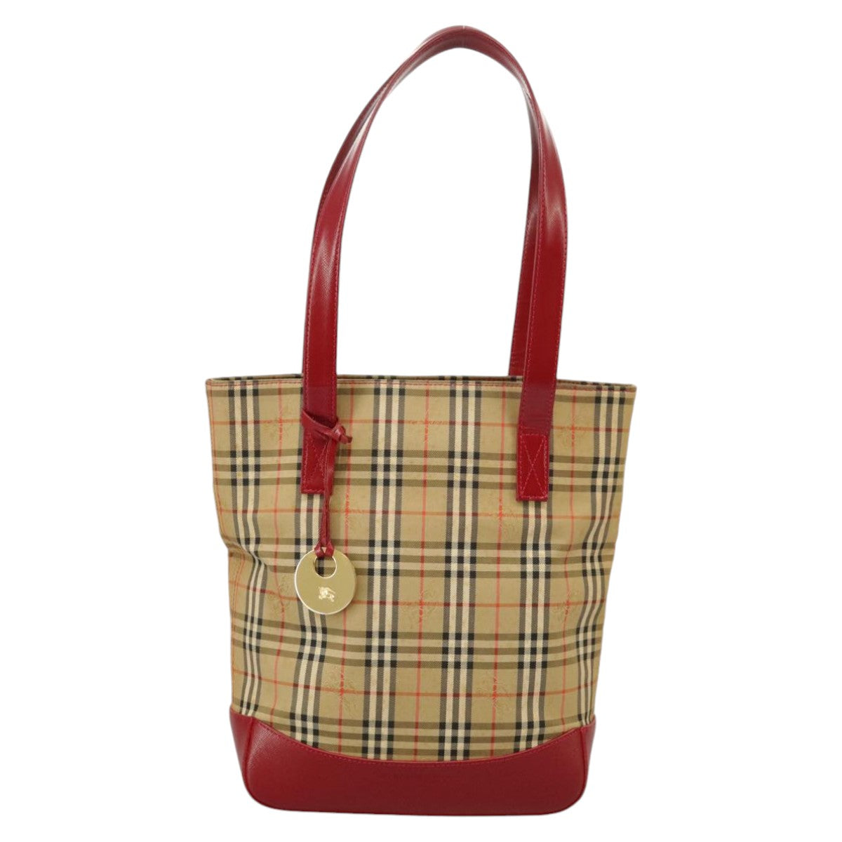 BURBERRY Nova Check Tote Bag Canvas Leather Beige Red Gold Auth 100693 - 0