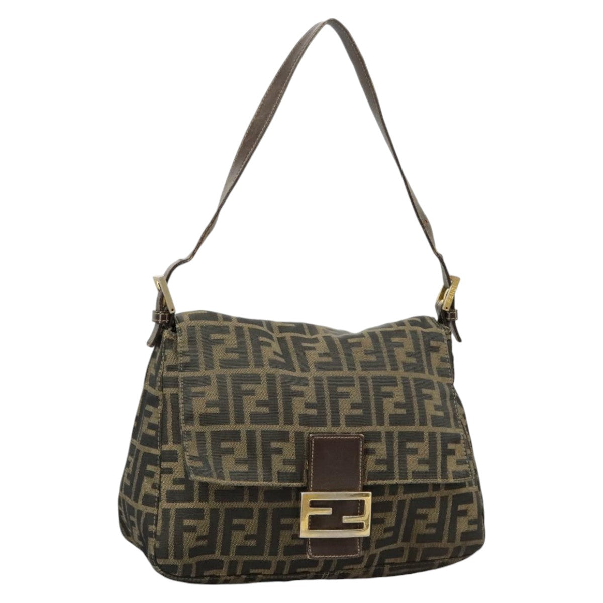 FENDI Zucca Canvas Mamma Baguette Shoulder Bag Brown Black Auth 100706