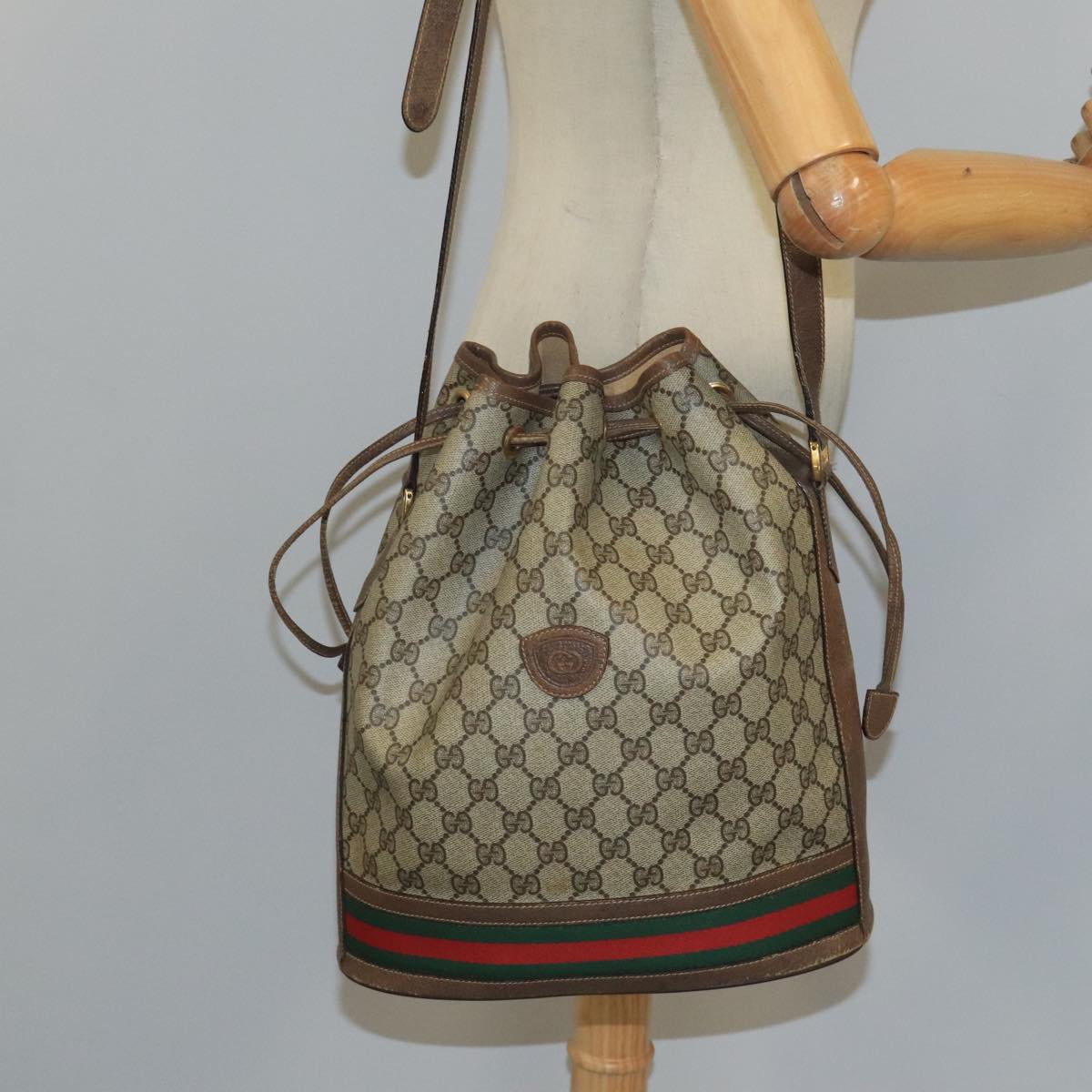 GUCCI GG Supreme Web Sherry Line Shoulder Bag PVC Beige 001 084 0850 Auth 100711