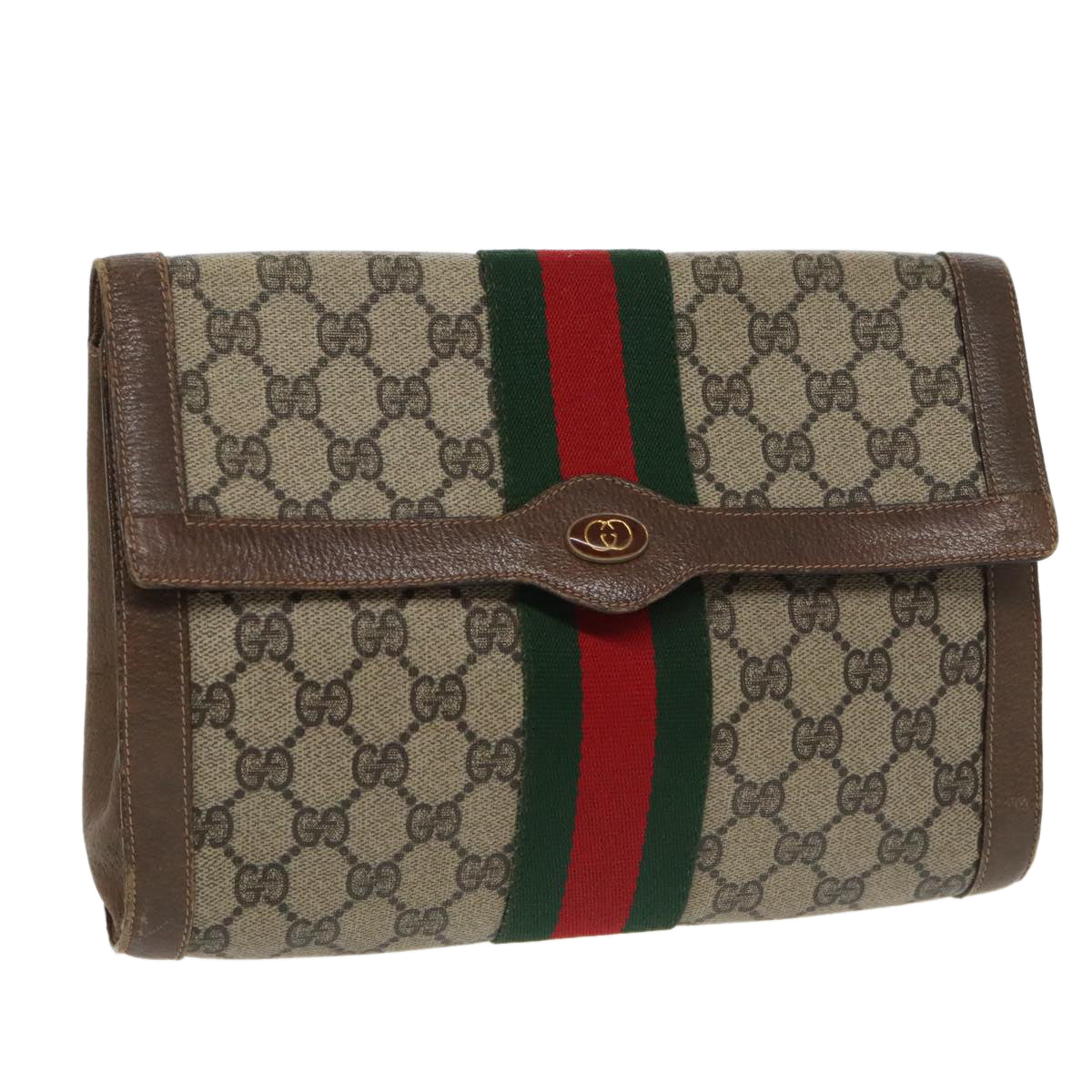 GUCCI GG Supreme Web Sherry Line Clutch Bag PVC Beige Red Green Auth 100712