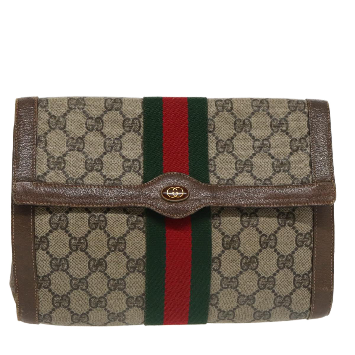 GUCCI GG Supreme Web Sherry Line Clutch Bag PVC Beige Red Green Auth 100712 - 0