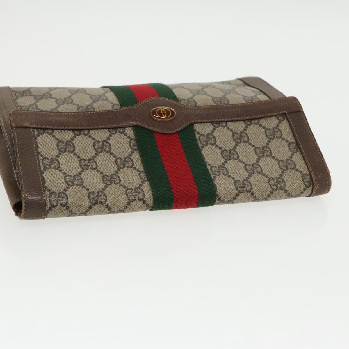 GUCCI GG Supreme Web Sherry Line Clutch Bag PVC Beige Red Green Auth 100712