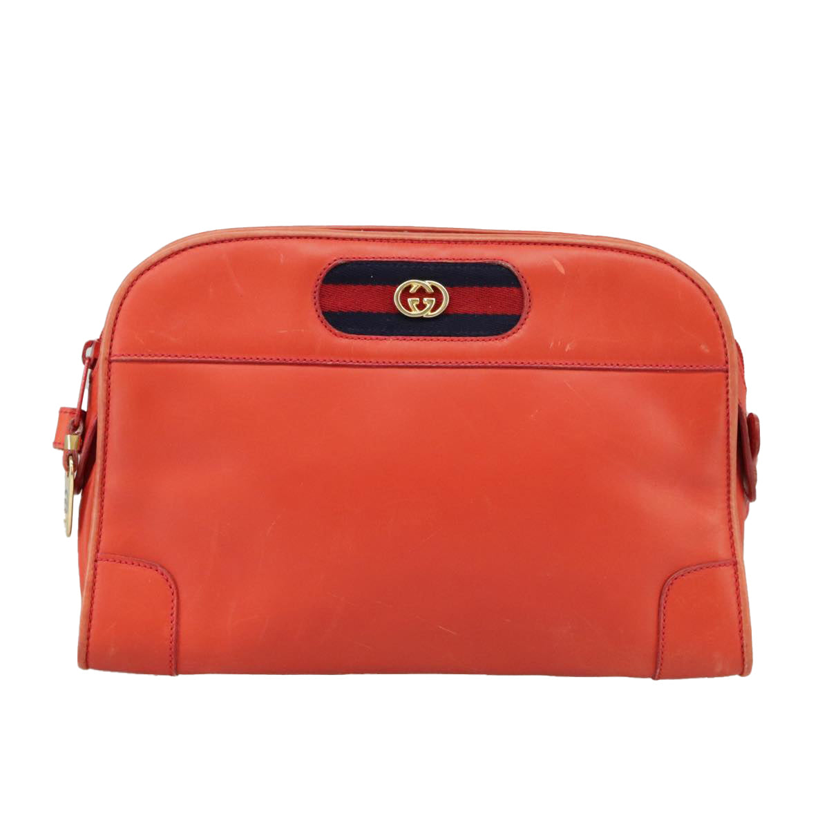 GUCCI Sherry Line Shoulder Bag Leather Orange Navy Red Auth 100717 - 0