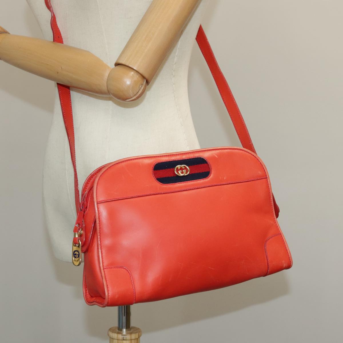 GUCCI Sherry Line Shoulder Bag Leather Orange Navy Red Auth 100717