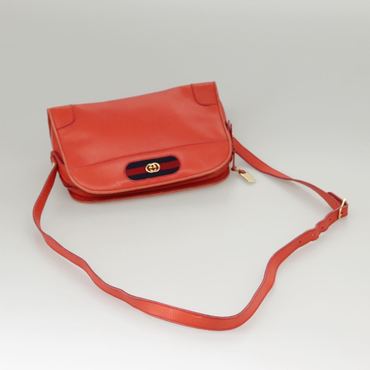 GUCCI Sherry Line Shoulder Bag Leather Orange Navy Red Auth 100717