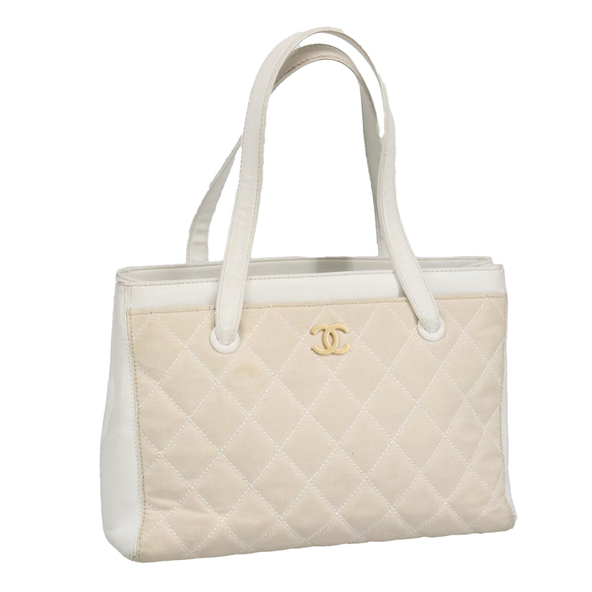 CHANEL Tote Bag Canvas Gold White CC Auth 100722