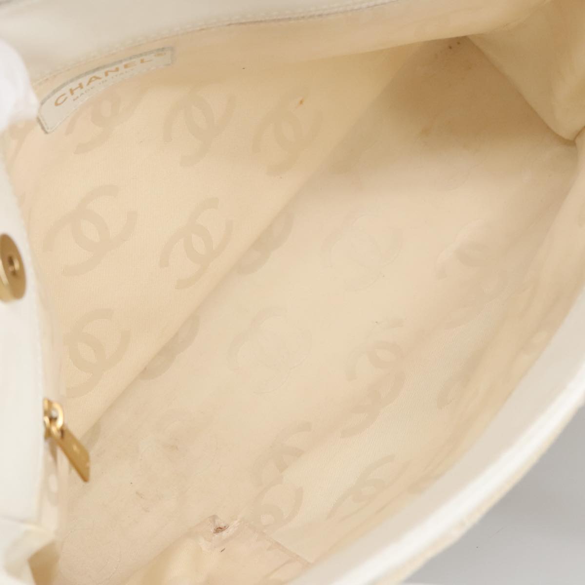 CHANEL Tote Bag Canvas Gold White CC Auth 100722