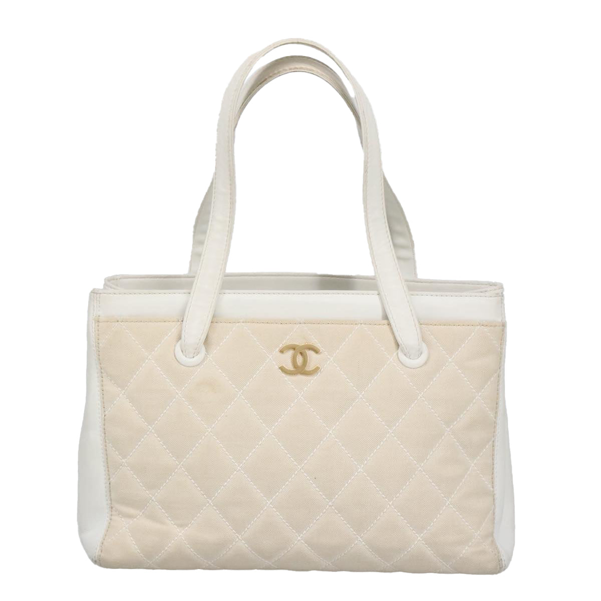 CHANEL Tote Bag Canvas Gold White CC Auth 100722 - 0