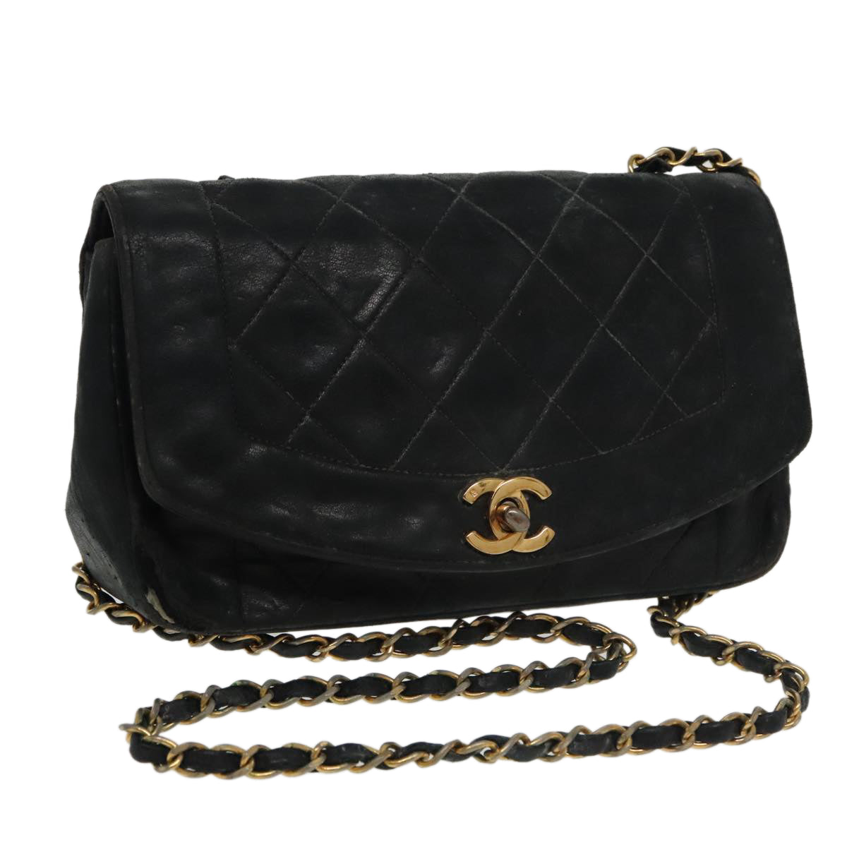 CHANEL Diana Matelasse 23 Chain Shoulder Bag Lamb Skin Black Gold CC Auth 100724