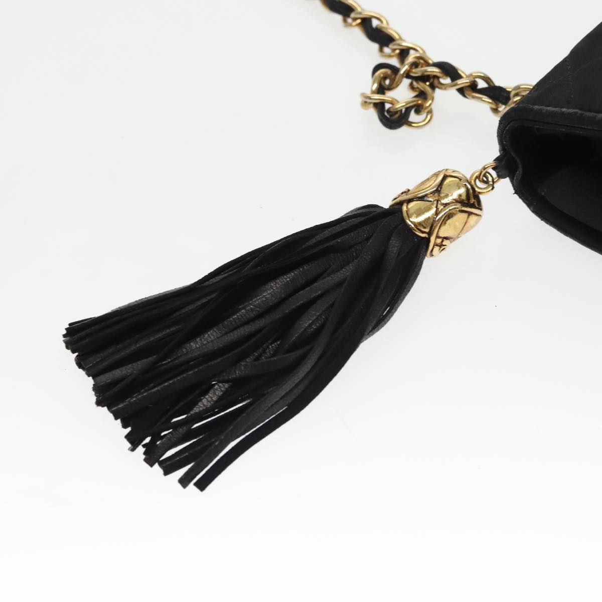 CHANEL Fringe Chain Shoulder Bag Satin Black Gold CC Auth 100725